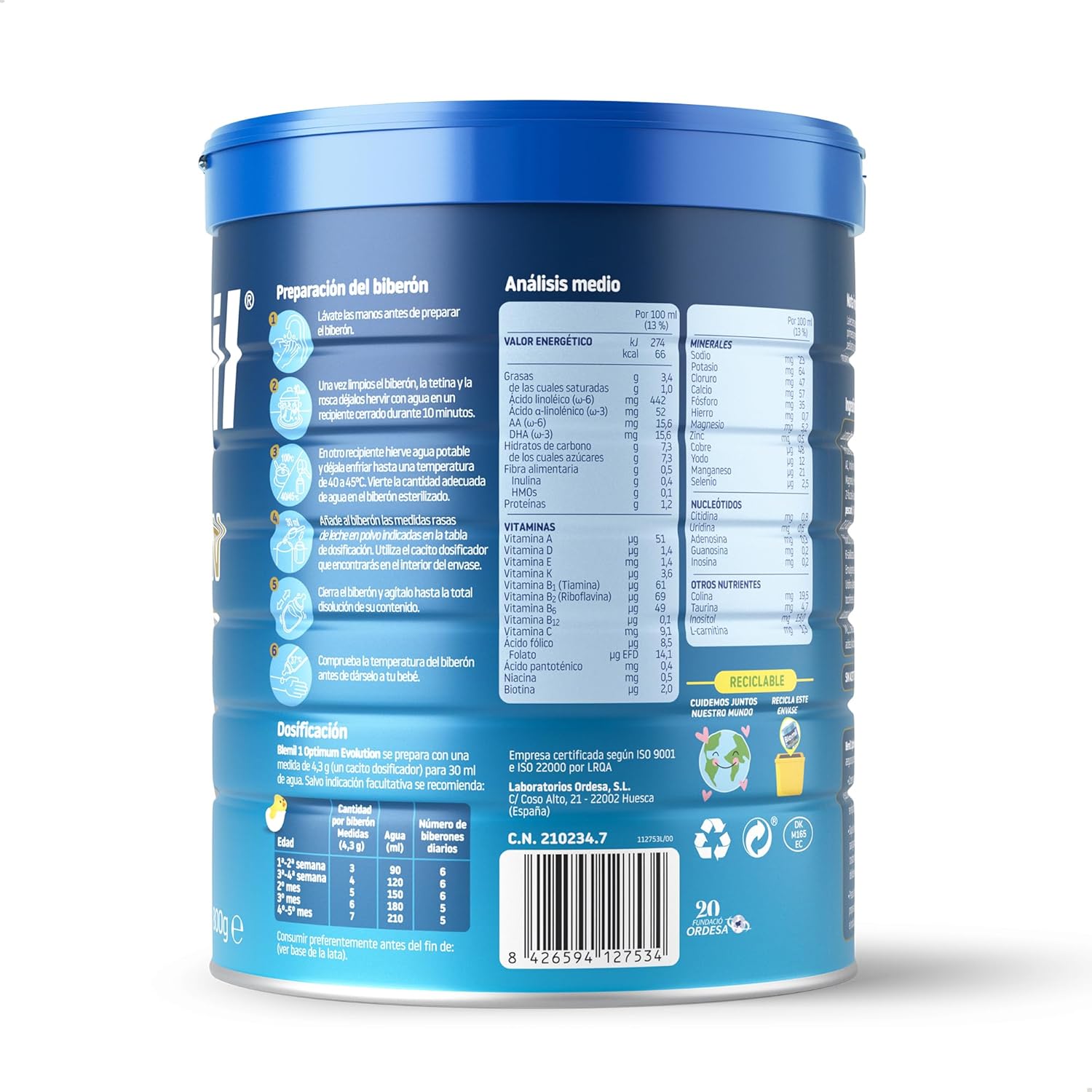 [3 UNIDADES] Blemil 1 Optimum Evolution 3PACK | 3 Botes de 800g | Leche de Inicio en polvo para Bebé desde el Primer Día