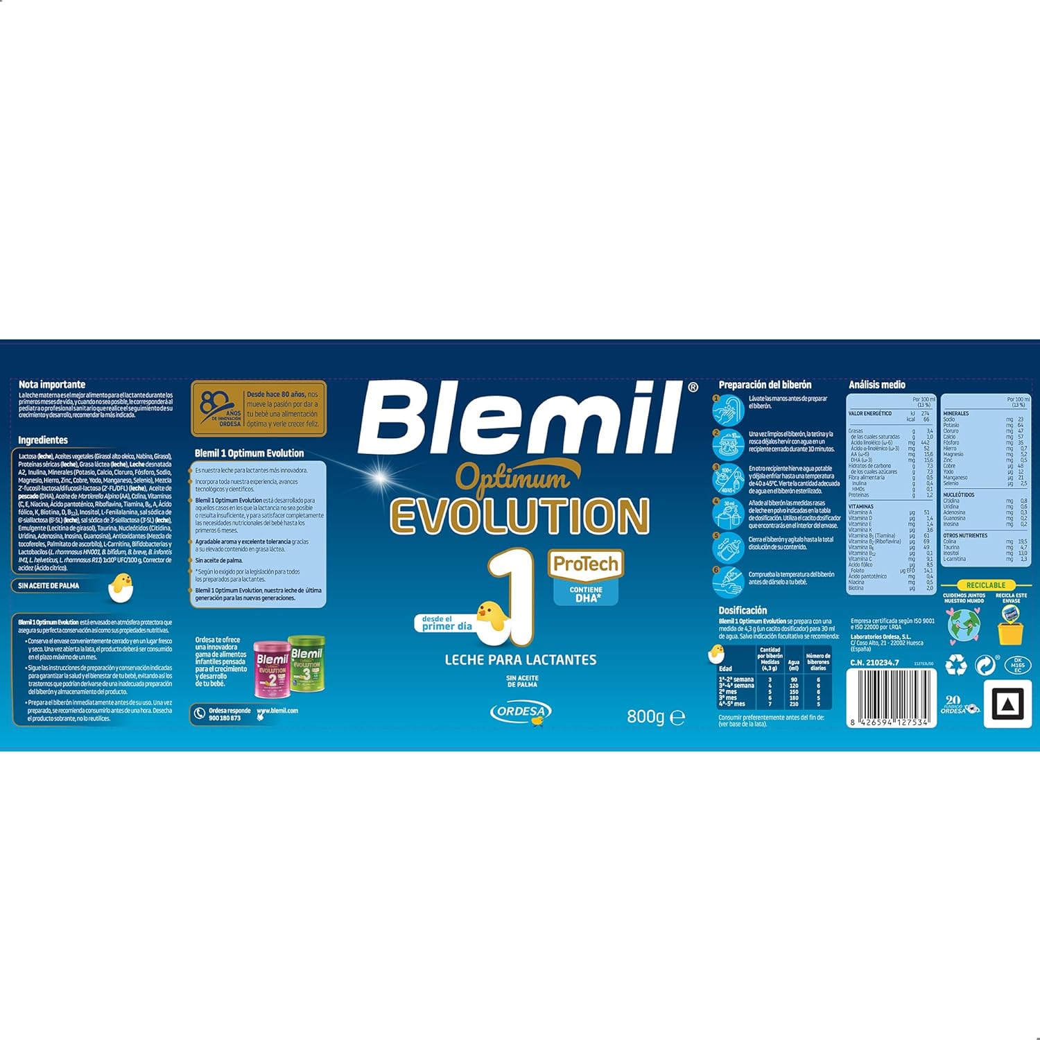[3 UNIDADES] Blemil 1 Optimum Evolution 3PACK | 3 Botes de 800g | Leche de Inicio en polvo para Bebé desde el Primer Día